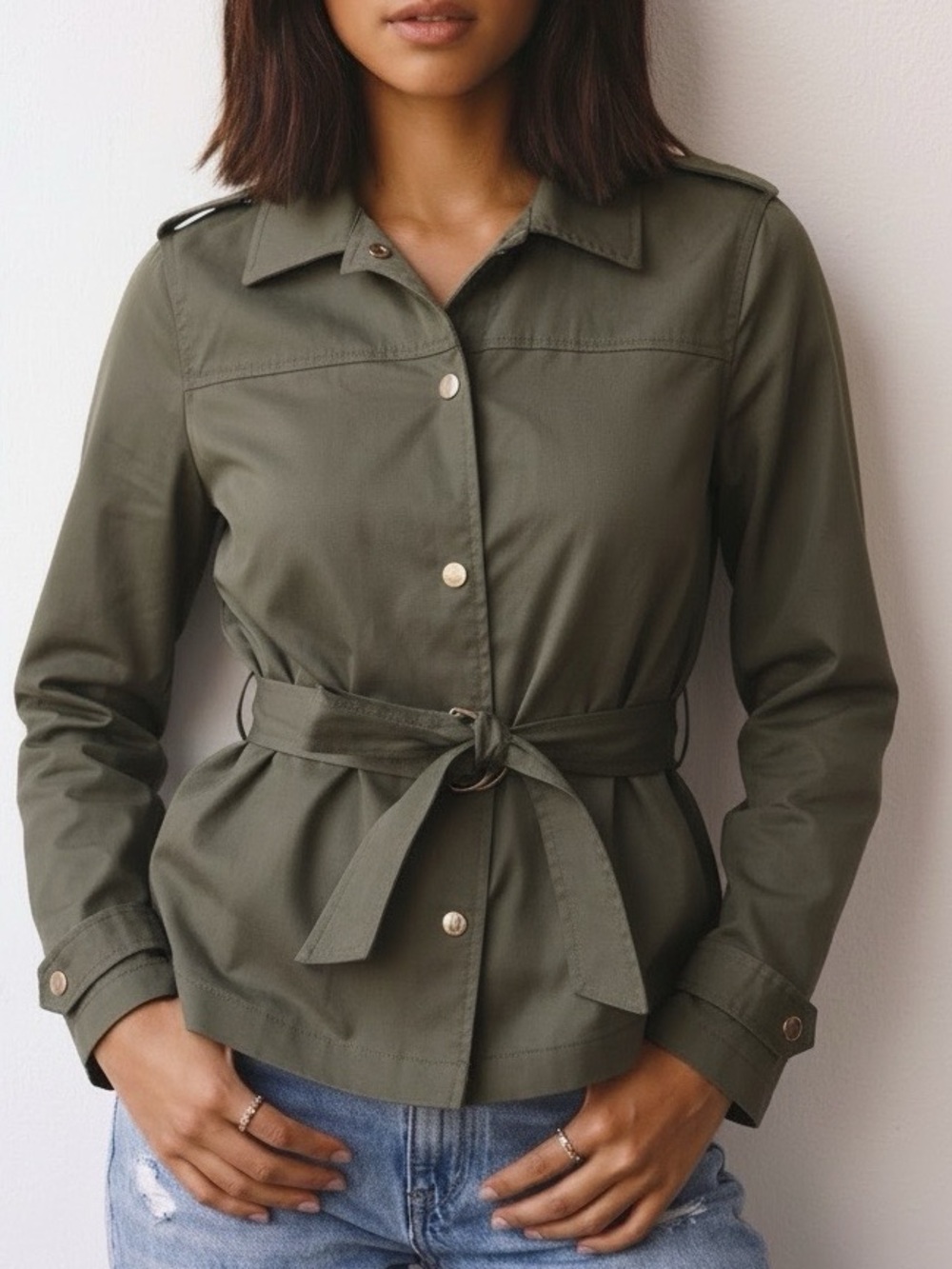 ZARA Olive Green Belted Trench Coat with Gold Buttons Size Small💚